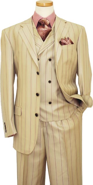 Extrema Bone With Lavender / Cream Stripes Super 140's Wool Vested Suit HA00135 - Click Image to Close